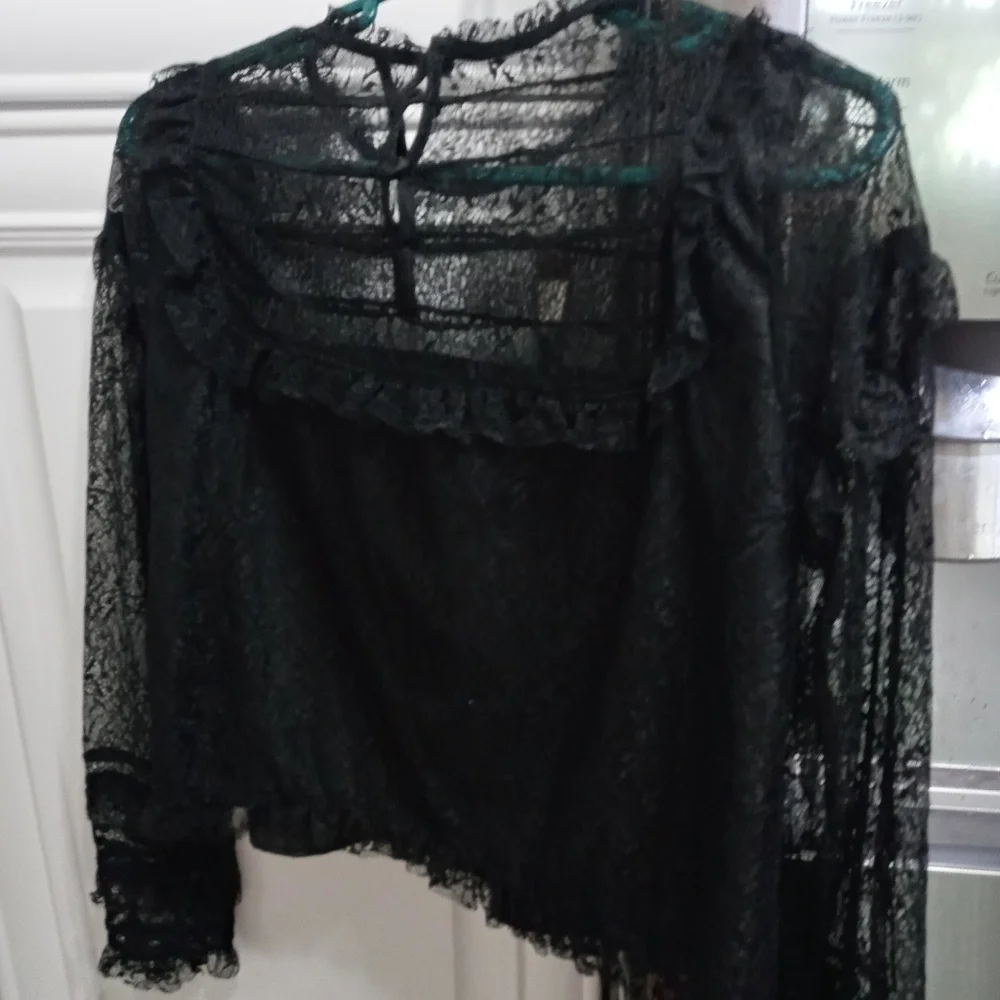 Zara Trafaluc Sheer Lace Long Sleeve Blouse Buttons in Back Of Neck